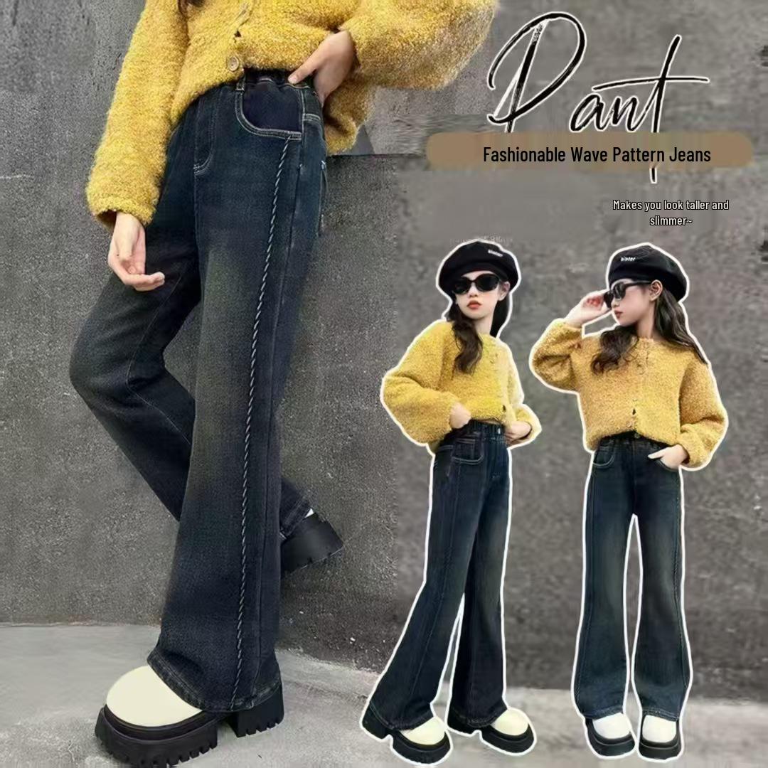 

Джинси кльош з вовни ягняти для дівчат: Стильні та теплі флісові штани на осінь/зиму - Розміри від M до L 120 cm