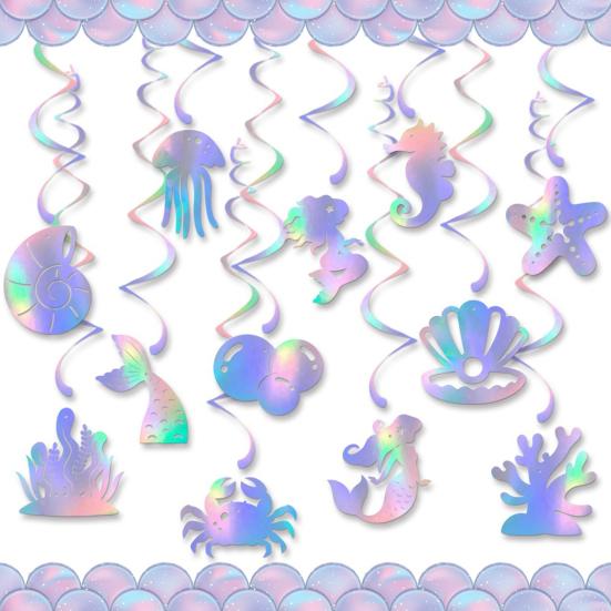 12 Pcs Mermaid Hanging Swirls Decoration Iridescent Mermaid Theme Party Garland Ocean Ceiling Streamer for Birthday Party Supplies
