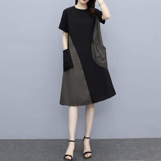 Damen Midi Kleid Rundhalsausschnitt Kurzarm Locker Geschnitten Sommerkleid mit Taschen Patchwork Farbe Leichtes Freizeitkleid