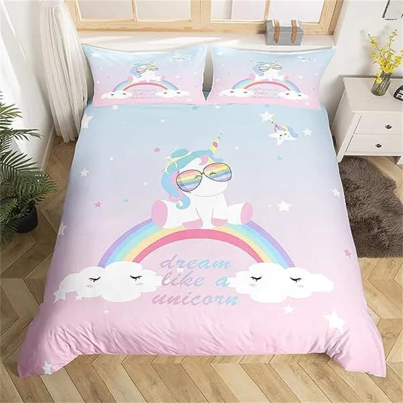 Rainbow Twin Duvet Cover Set For Girl Pink And Yellow Rainbow Star Duvet Cover Cartoon Rainbow For Bedroom Decoration Women Kid