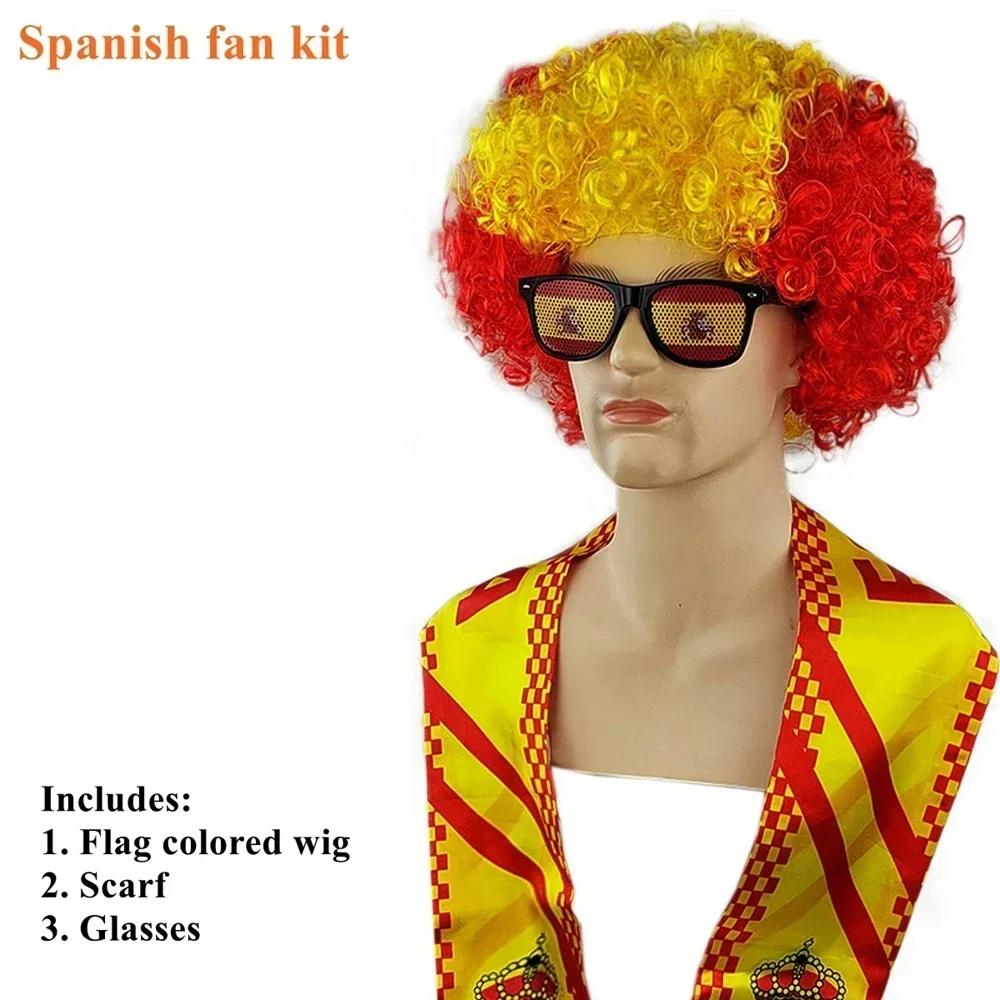 

High Quality Hot National Team Football Match Costume Sets Colorful Curly Wig Flag Sunglassses Soccer Fans Funny Party Performance Supplies