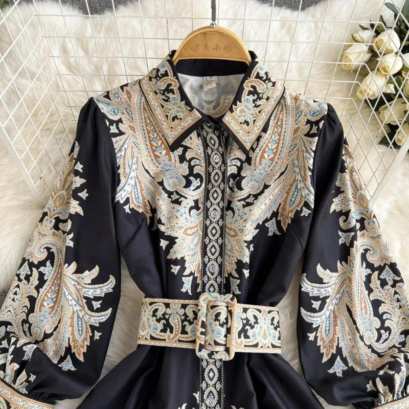 Women Long Sleeve Printed Bohemia Casual Vacation Midi A Line Dress