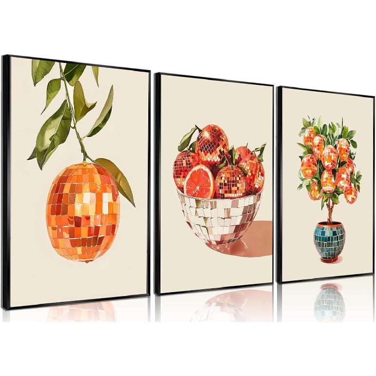 3Pcs Retro Disco Oranges Wall Art Funky Girl Preppy Wall Decor Pictures Fashion Glam Fruit Orange Food Mirror Ball Posters Canvas Prints for Bar Cart