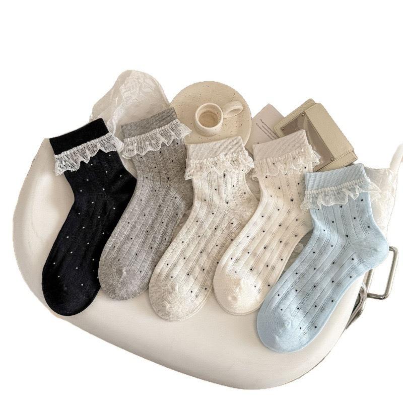 Spring and Summer Girls' Short Legged Lace-Ribbed Padded Socks with Polka Dots and Openwork Design - Perfectly Versatile Lightweight Socks