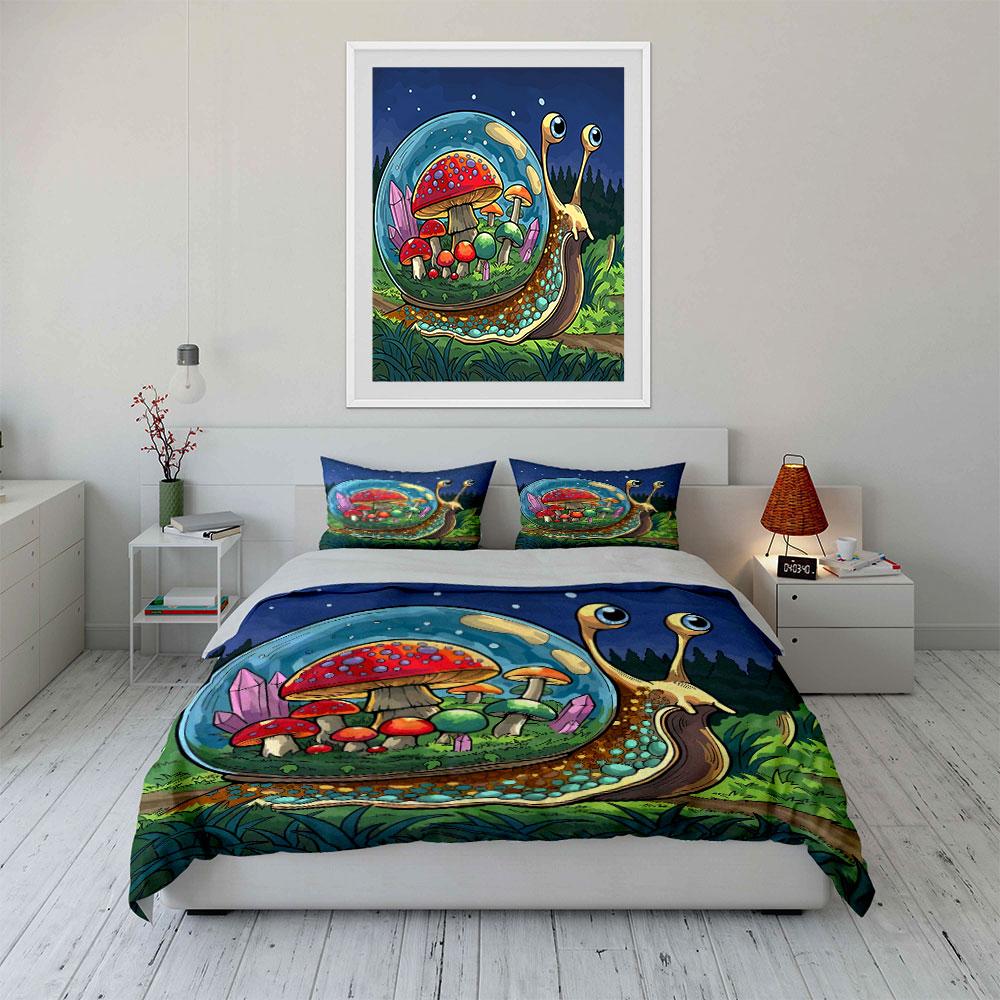 Snail Mushroom Fantasy Decoration Set Soft Skin-Friendly Bedding Set Includes 1 Duvet Cover And 2 Pillowcase Gift