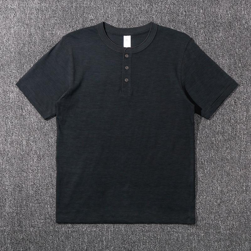 Heavyweight Slub Cotton Men‘s T-Shirt Henley Neck American Vintage Loose Soft Undershirt Summer