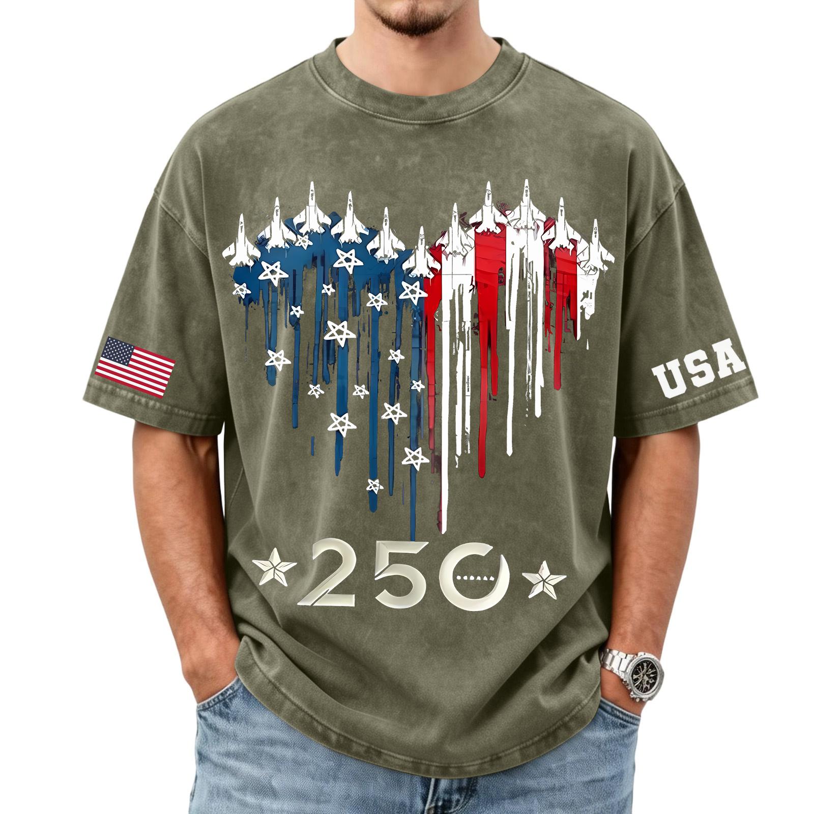 

Men’s Short Sleeve Crewneck T Shirt with Printed USA Flag Jet Pattern and 250 Graphic Cotton Casual Top L армия зеленый