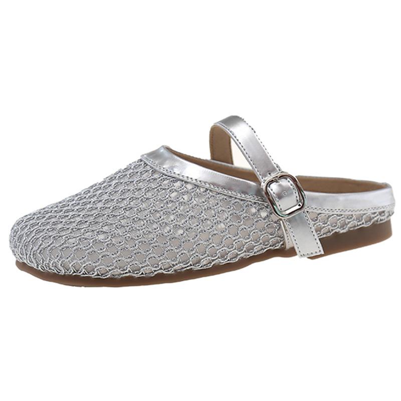 Baotou half slippers women's outer wear 2025 new summer versatile flat-bottomed mesh breathable fairy wind soft bottom cool slippers