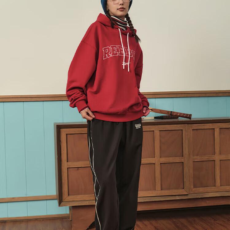 Reebok Hooded Drawstring Letter Print Comfortable American Vintage Pullover Sweatshirt Unisex Sweatshirt Deep-Red 23FRC351UGR2