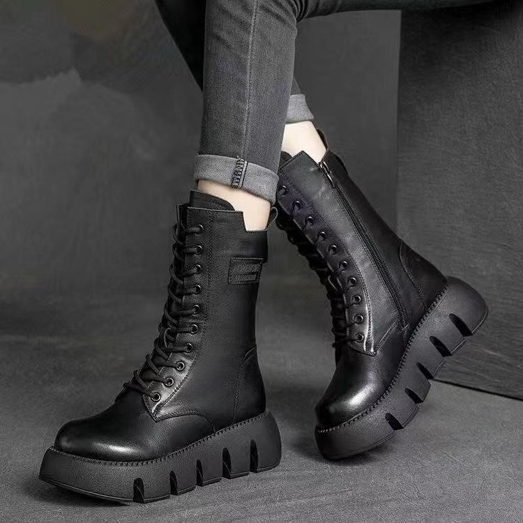 Women Leather Boots 2026 Winter Short Plush Mid-heel Snow Boots Lace Up Warm Platform Ankle Boots Women Shoes Botas Mujer