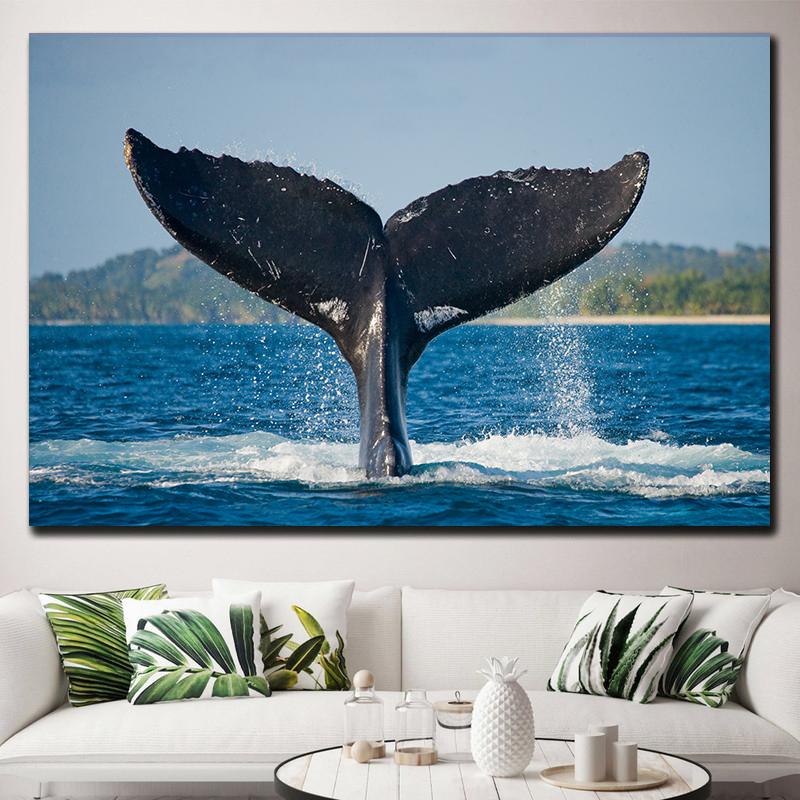 Natural Blue Whale Fish Tail Canvas Painting Wall Art Seascape Animal Killer Whale Posters and Prints for Living Room Home Decor