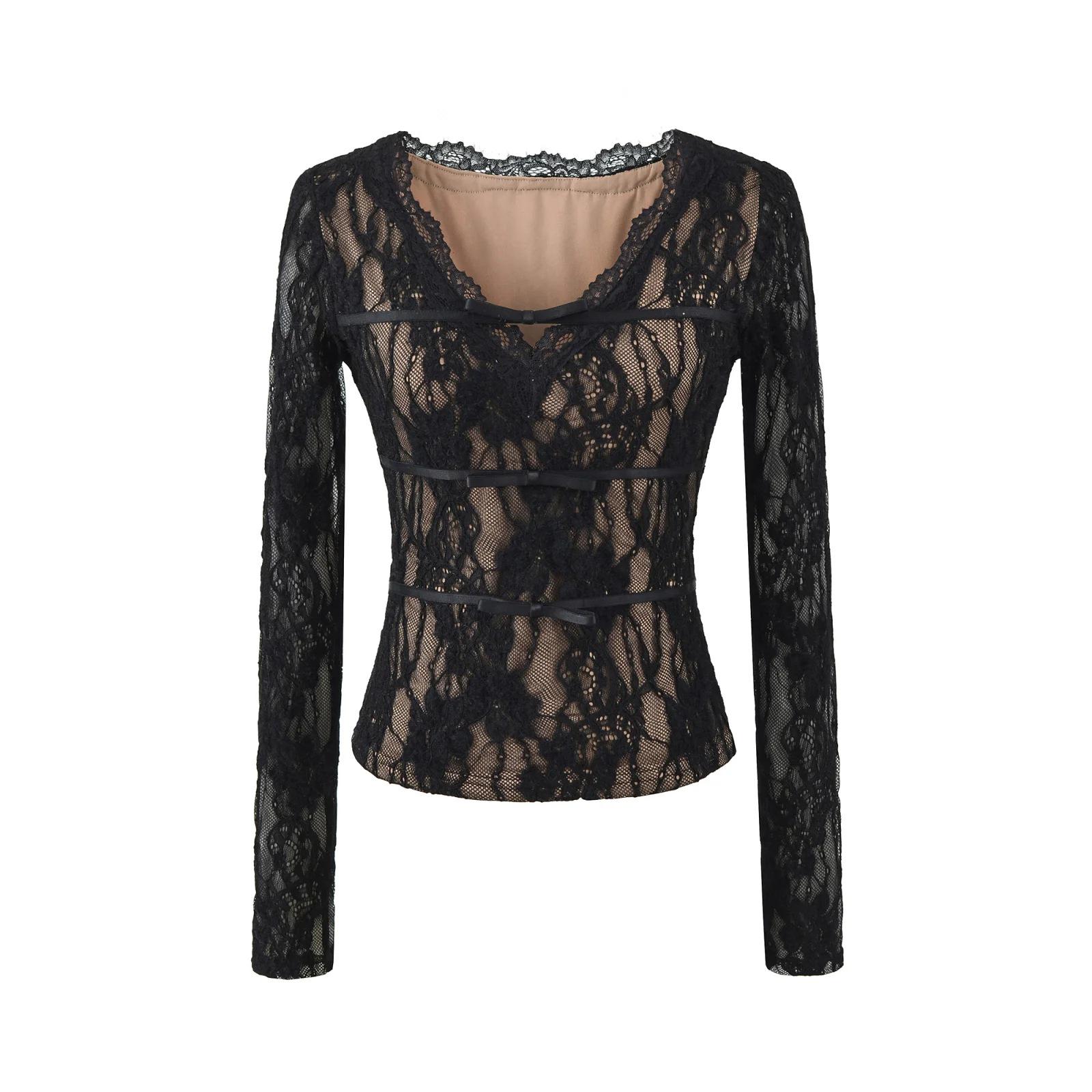 Пикантная девушка Цветочный кружевной топ с V-образным вырезом и длинным рукавом, облегающий S (85-95 jin)