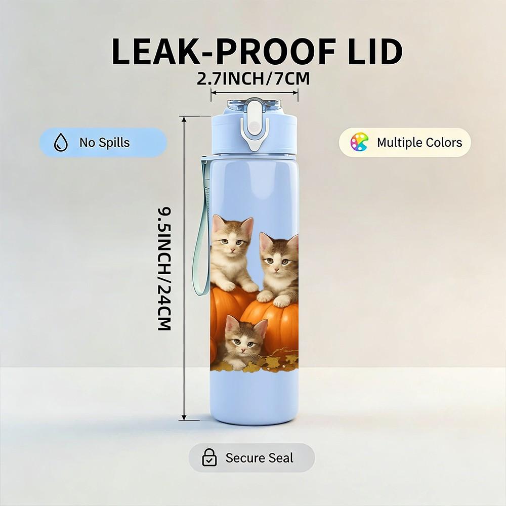 1PC Kitten Pumpkin Autumn 750ml Color Plastic Sports Water Bottle Leakproof Flip Straw Lid Suitable for Sports Office Home Use