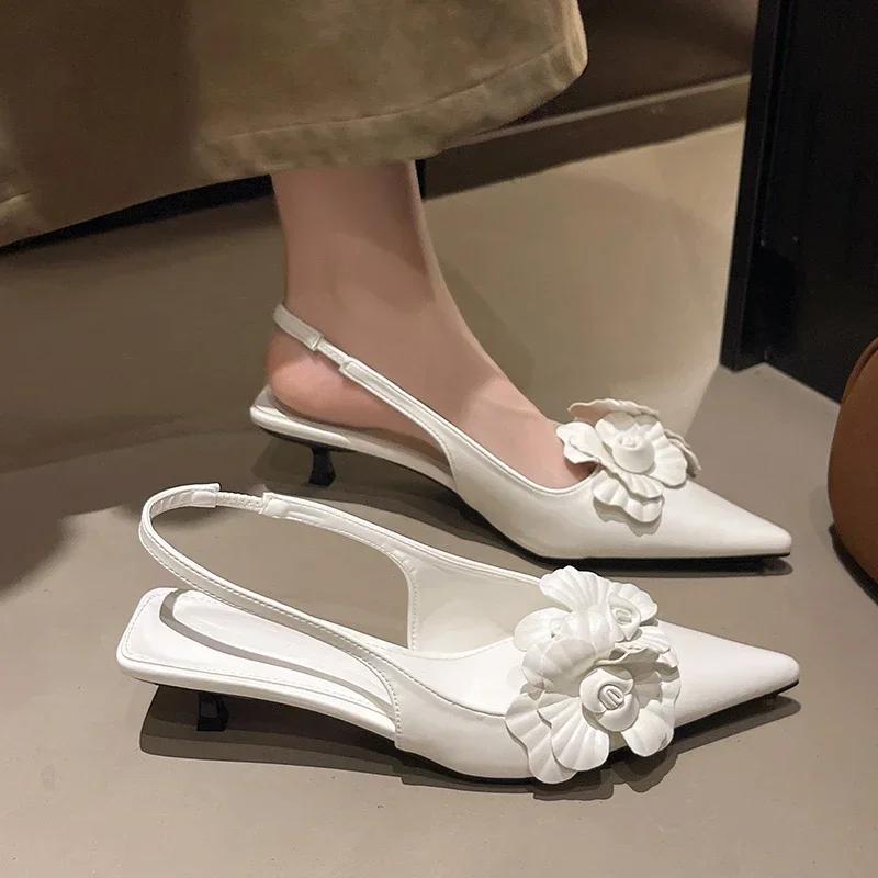 Fashion 2025Sexy Flower Pointed Toe Thin Low Heels Women Pumps Elegant Wedding Slingback Shoes Mules Zapatos De Mujer