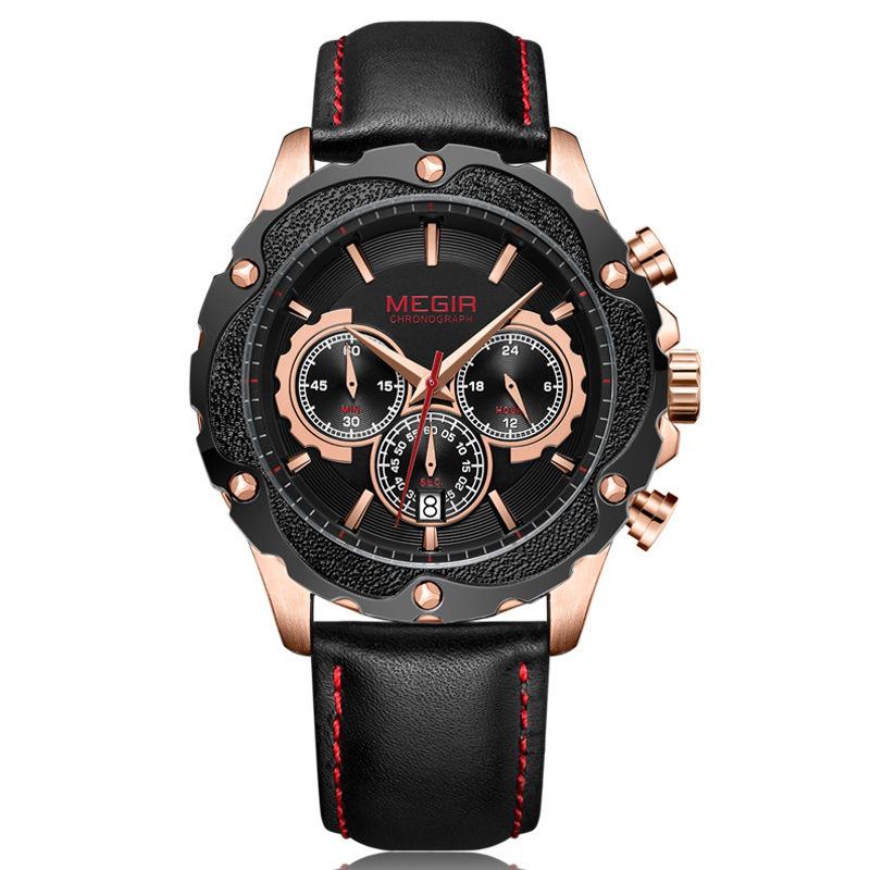 Men'S Watch, Trend Multifunctional Chronograph Calendar Leather Sports Quartz Watch Men'S 2070