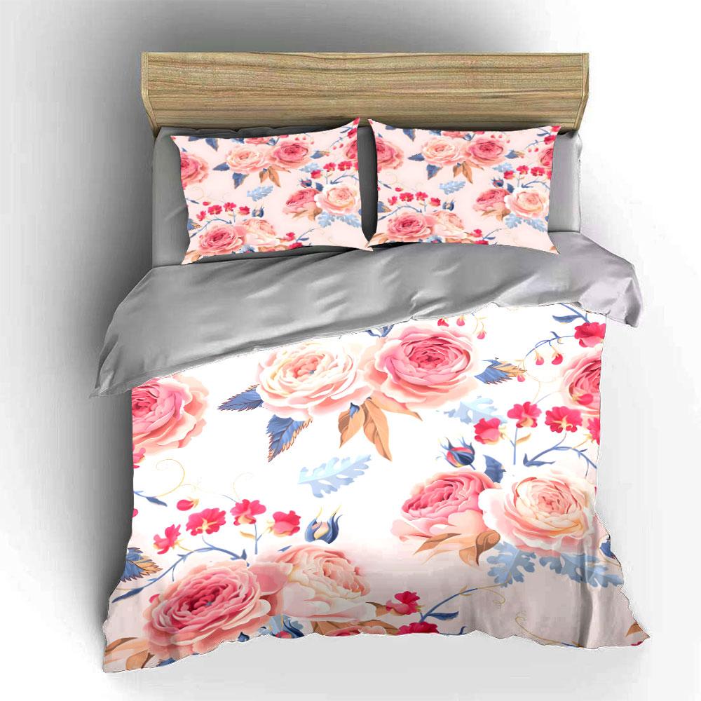 Pink Rose Floral Pattern Bedding Set For Kids Luxury Gift 3Pcs Digital Print Comforter Set Soft Comfortable Breathable