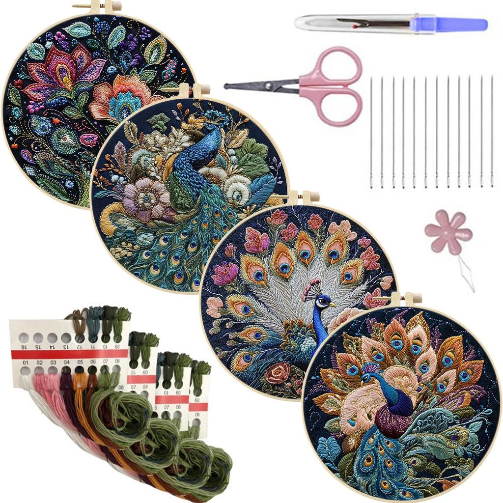 4pcs Embroidery Starter Kit with Embroidery Hoop Needles Threads Instruction Embroidery Kit Cross Stitch Starter Kit for Adults