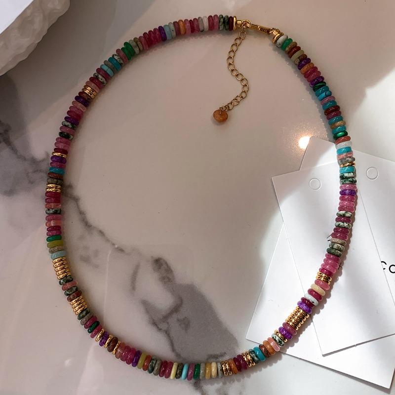 Minar Bohemia Candy Color Natural Stone Beads Beaded Necklace for Women Real Gold Plated Brass Strand Chokers