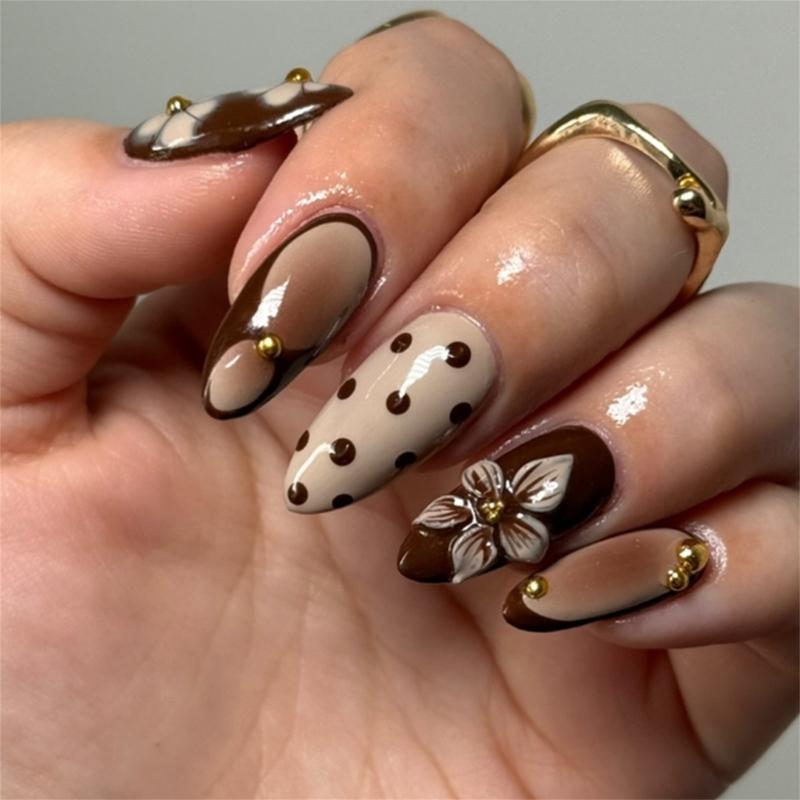 30Pcs Press On Nail with Vintages Style Polkas Dots 3D Flower Detail and Shining Gold Beads ABS for Quick Application 1