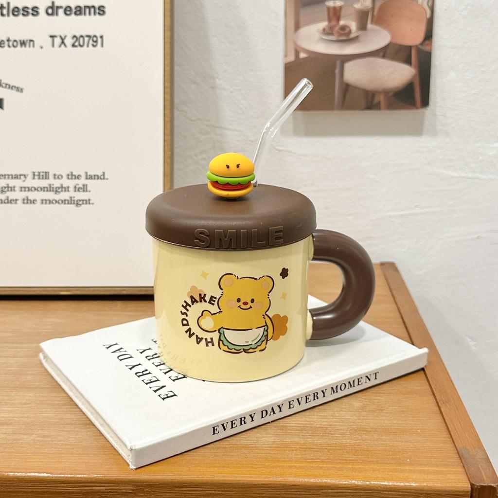 Cute Butter Bear Straw Cup High Value Ceramic Mug with Lid Cute Drinking Water Cup Birthday Gift Practical