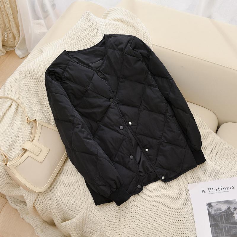 Autumn and winter new rhombus grid light and thin down jacket women's short round neck loose large size jacket baseball jacket
