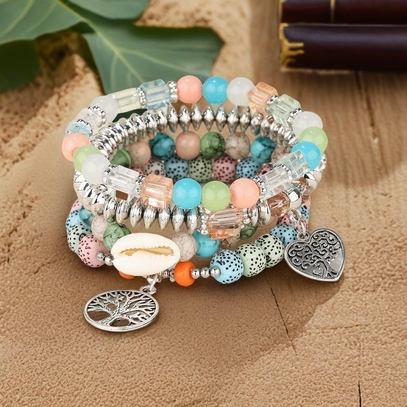 Богемный набор браслетов: Многослойный дизайн с бусинами, подвесками в виде полого сердца и Древа Жизни