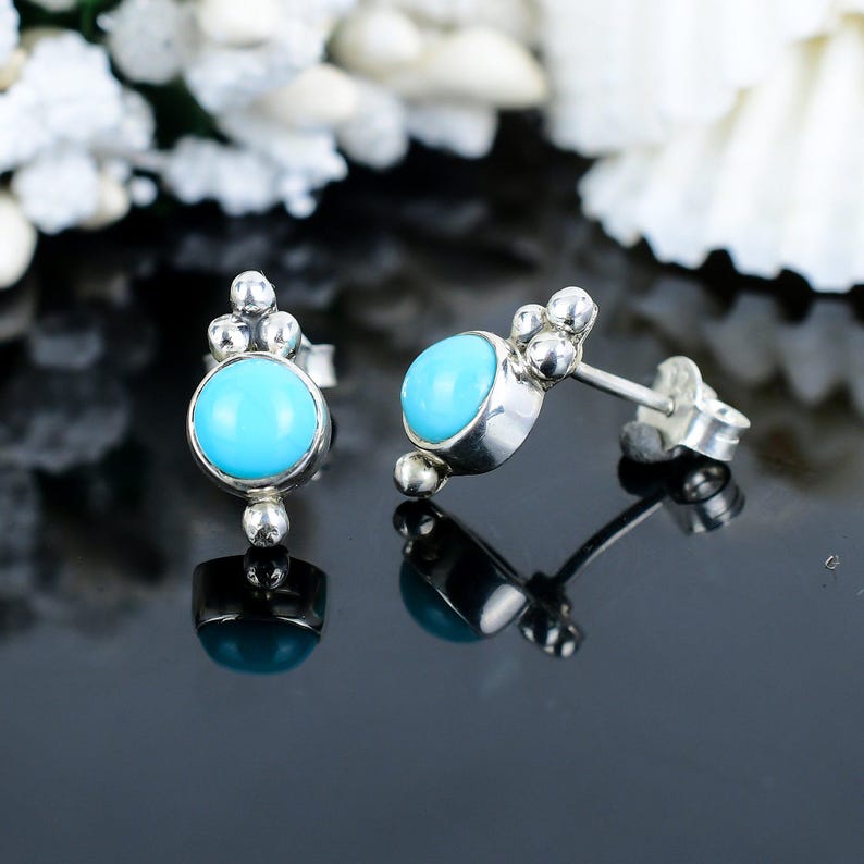

Solid 925 Sterling Silver Round Turquoise Minimalist Stud Earrings Gift For Her Designer Boho Earrings
