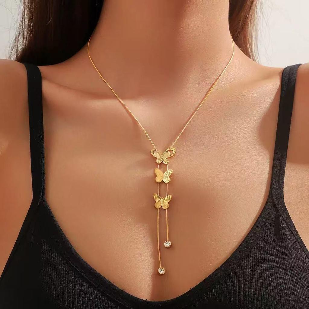 Stainless Steel Jewelry Multi-layer 3D butterfly Necklace, 18K Gold-plated Long Sweater Chain, Anti-oxidation butterfly Necklace