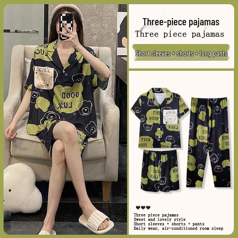 Kuromi Japanese-Style Cotton Pajamas: Women's Summer Lapel Sweet Cardigan Homewear Three-Piece Set