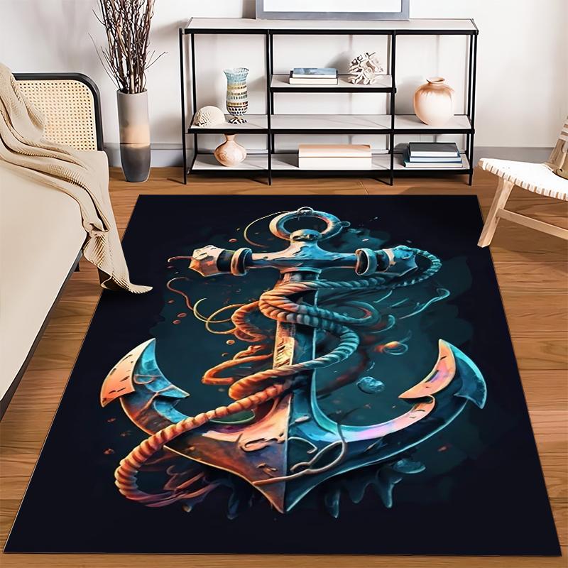 Marine Style Rug with Anchor Design and Rope Pattern, Dark Background Suitable for Use As an Anti-slip for Living Room Bedroom Sofas