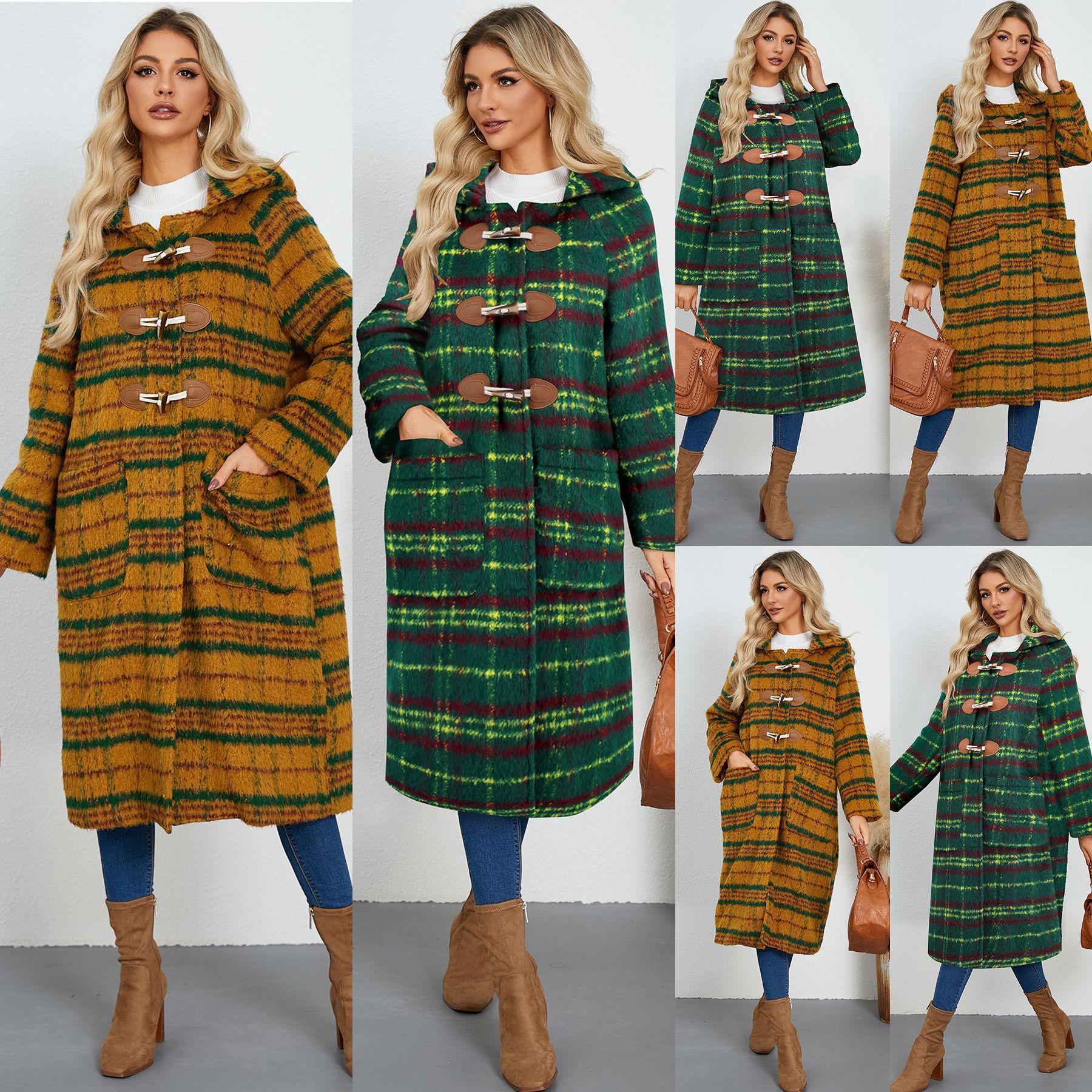 

2024 Winter New Loose Retro Hooded Warm plaid Long Coat S