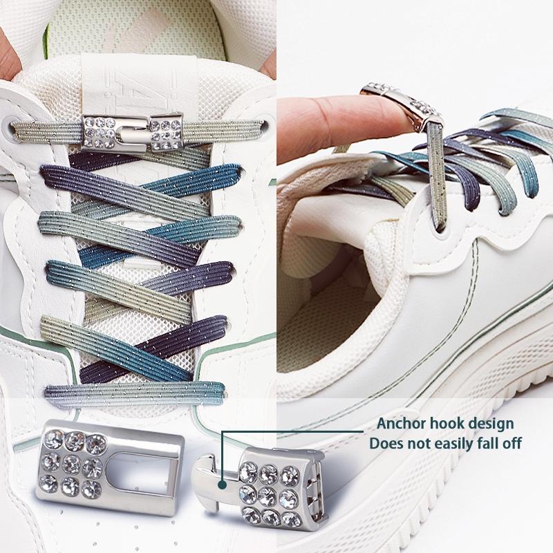 2 Paia di Lacci per Scarpe Elastici Glitterati - Lacci Elastici Colorati Senza Nodo - Accessorio per Scarpe con Fermagli a Croce Diamantati Bling per Indossarli Facilmente