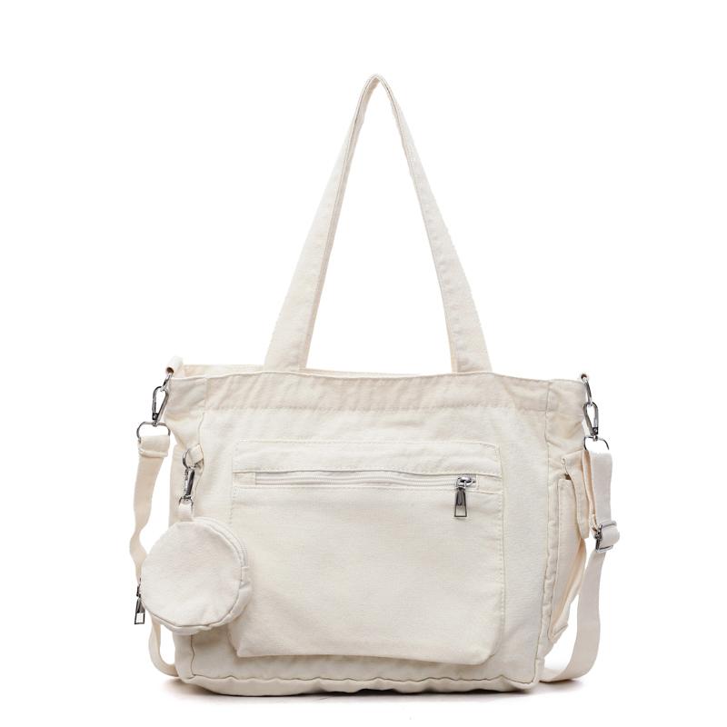 Large Capacity Tote Bag Canvas Bag Solid Color Student Crossbody Bag