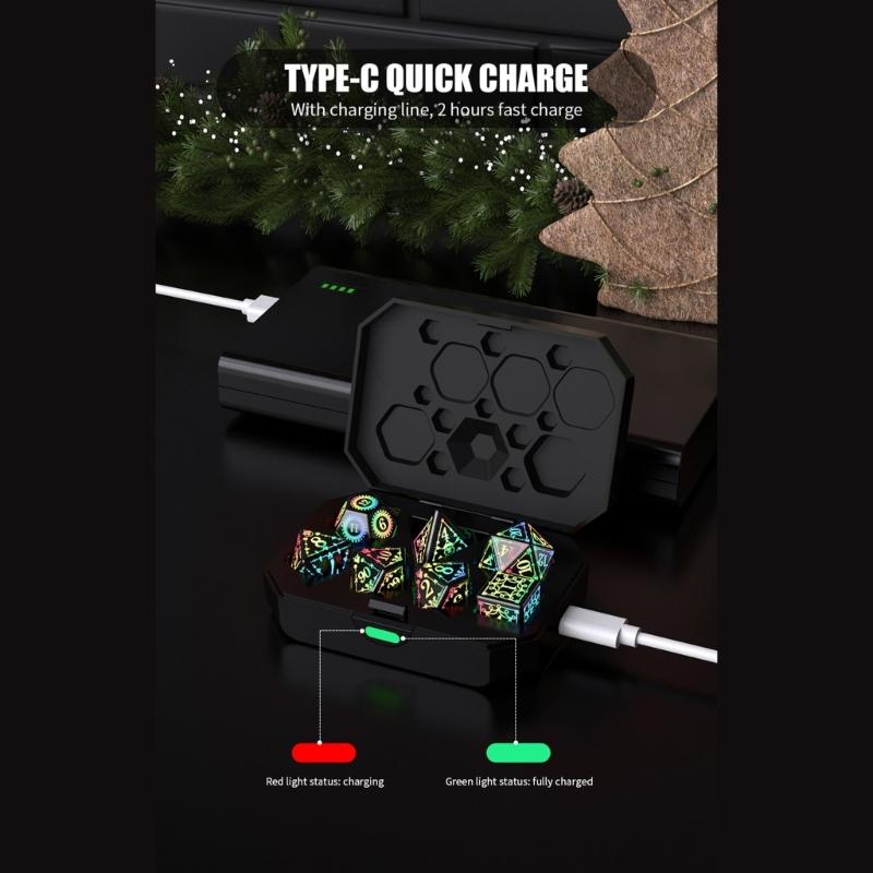 7 Pcs LED Light Electronic Dices with Charging Box Rechargable Glowing Polyhedral Dices Table Game Dices Durable