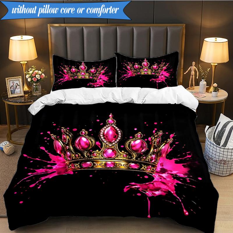 3PCS Pink Crown Sparkle Majesty Bedding Set,Including 1pc Duvet Cover And 2pcs Pillowcases Perfect for Bedroom, Dormitory, Fan Christmas Gift