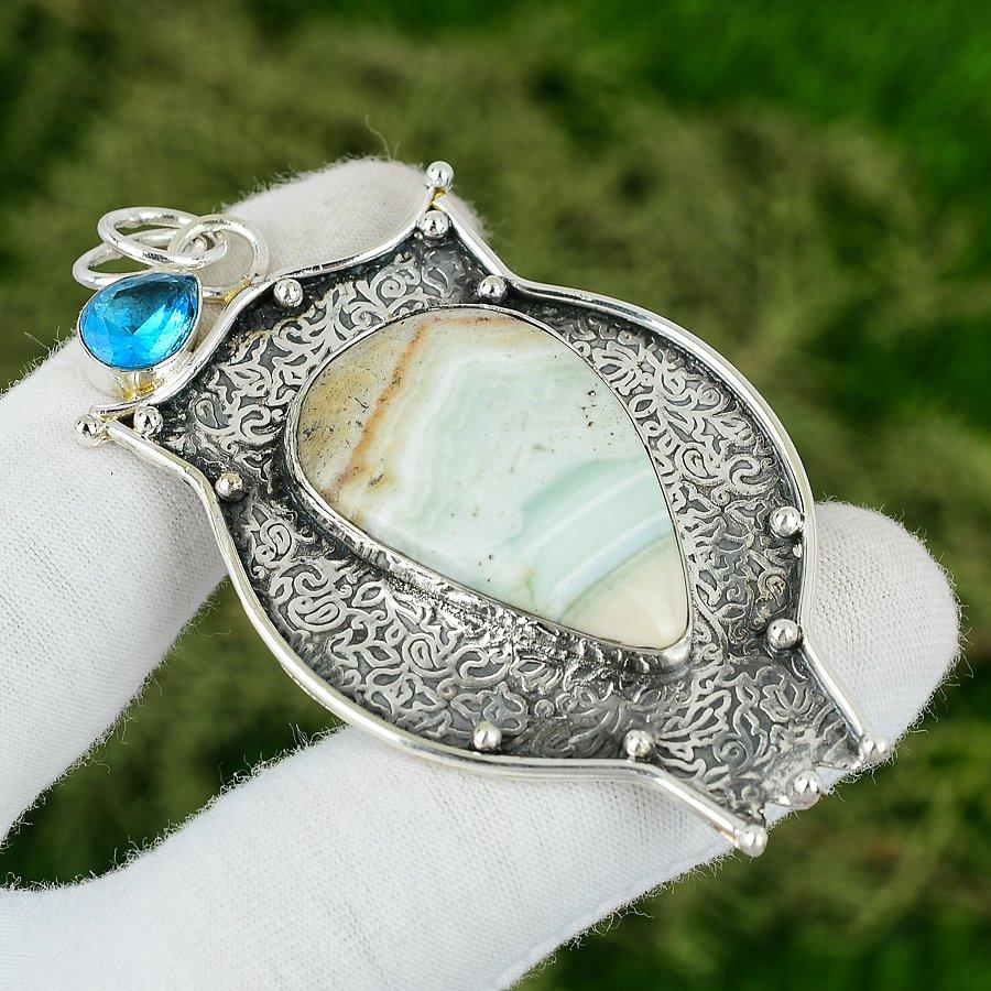 925 Silver Blue Rhodochrosite Gemstone Heart Chakra Anniversary Pendant Jewelry