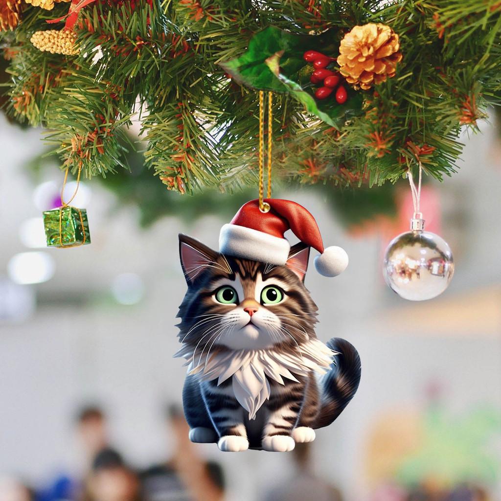 Lovely Acrylic Cat Car Hanging Decoration With Cheerful Christmas Hat And Theme Tree