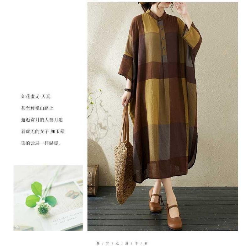 Summer New Temperament Literary Retro Printed Lapel Loose Large Size Vacation Dresses
