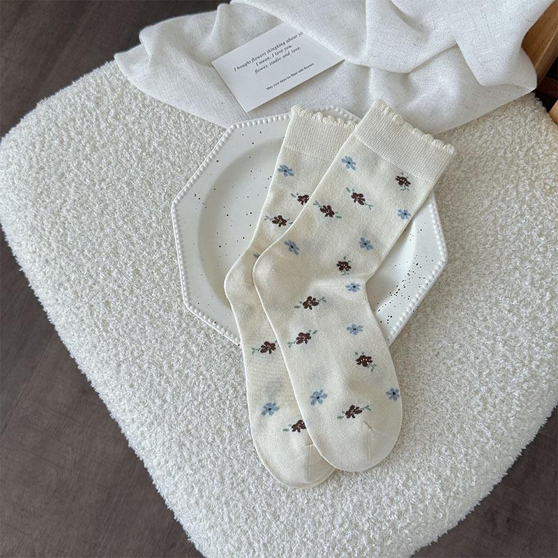 

Retro Coffee Floral Ruffled Mid-Calf Socks with Cute Cartoon Embroidery One Size
