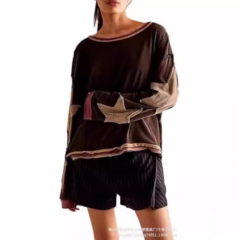 Women s Loose Fit White Hoodie with Blue Star Print and Trim Casual Pullover S