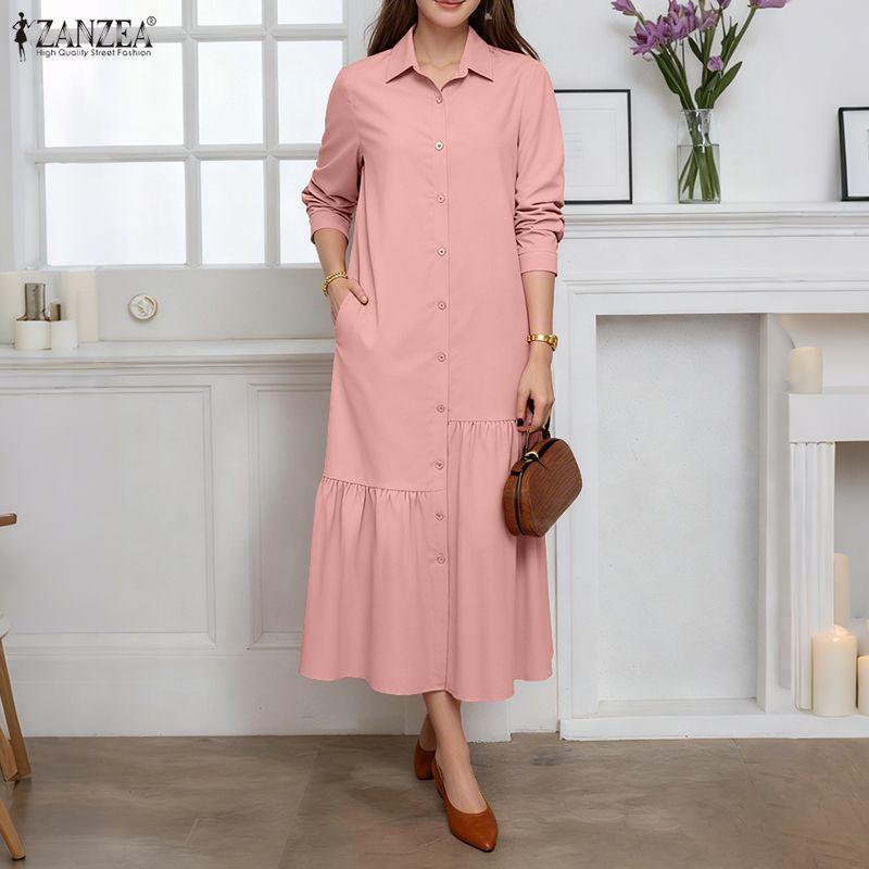 ZANZEA Women Casual Turn Down Collar Loose Long Sleeve Shirt Dress