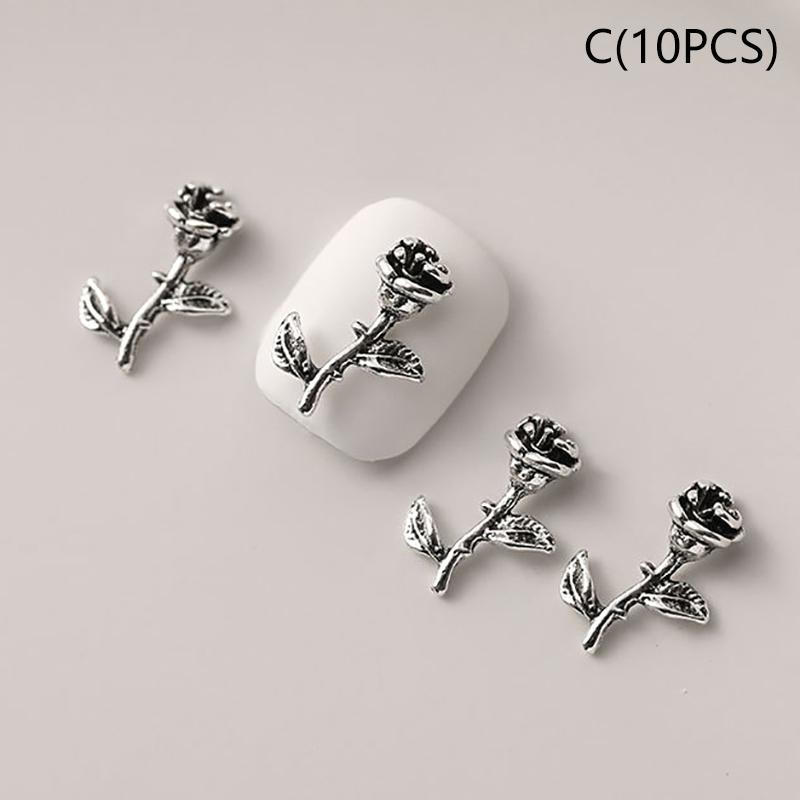 

10 шт. 3D прикраси для нігтів у вигляді троянди, сплав, шарми для манікюру, DIY-вироби для декору нігтів, сріблястий ретро-квітковий шарм для нігтів, ювелірний салон C