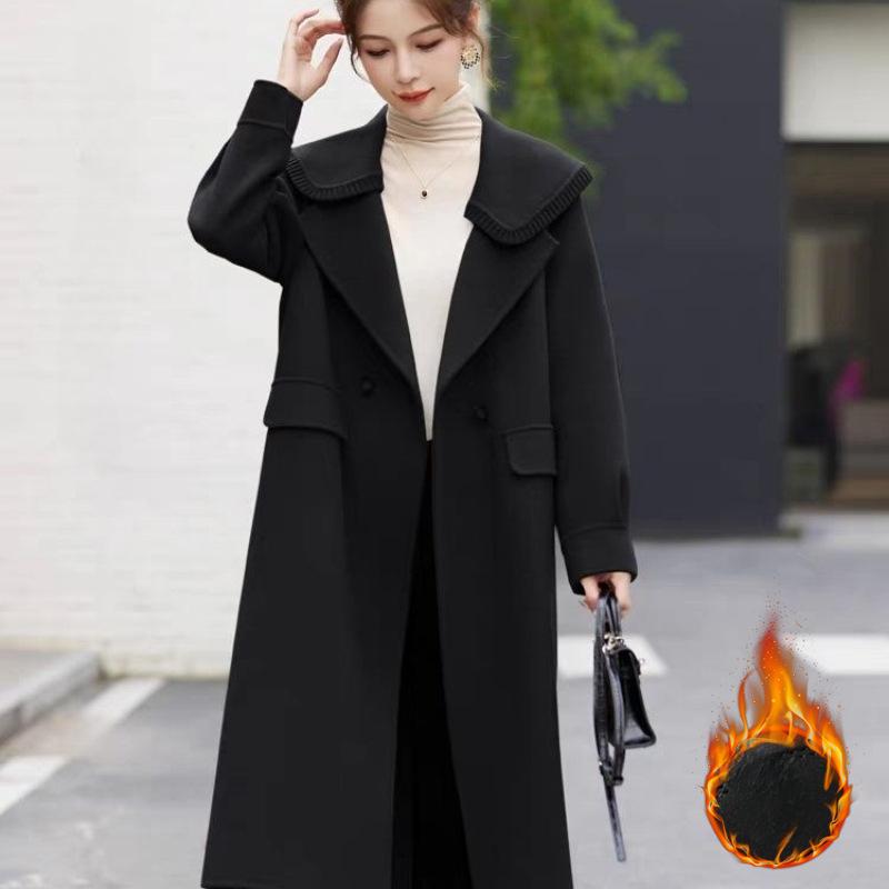 

Утепленный хлопковый воротник с кукольным воротником, новое осенне-зимнее пальто средней и длинной длины из шерсти для женщин 2XL чёрный