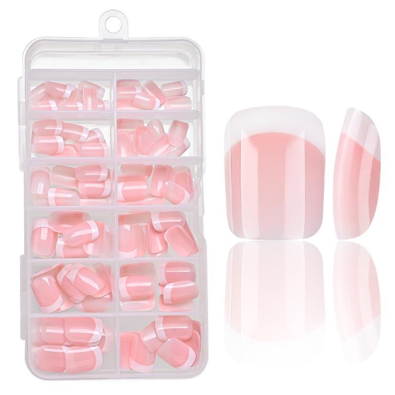 120Pcs/Box Nude Pink Glossy Short Square White French Tip Press On Nails 12 Sizes Full Cover Reusable Fake Nails