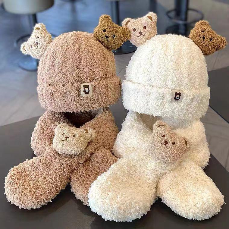 Baby hat autumn and winter plush scarf two-piece set baby boy and girl bear cute warm thickened toddler hat