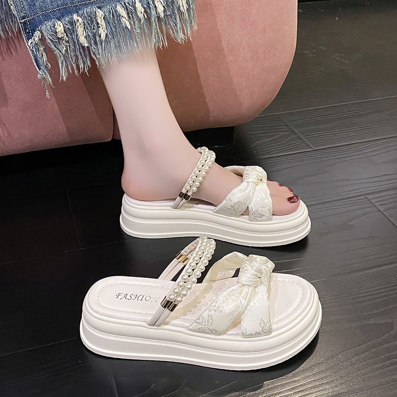 Fashion Sandals Green Height with Bow Slides Platform Shoes for Women Pearl Woman Slippers Stylish On Offer Slip-resistant Sale Vip Shoe