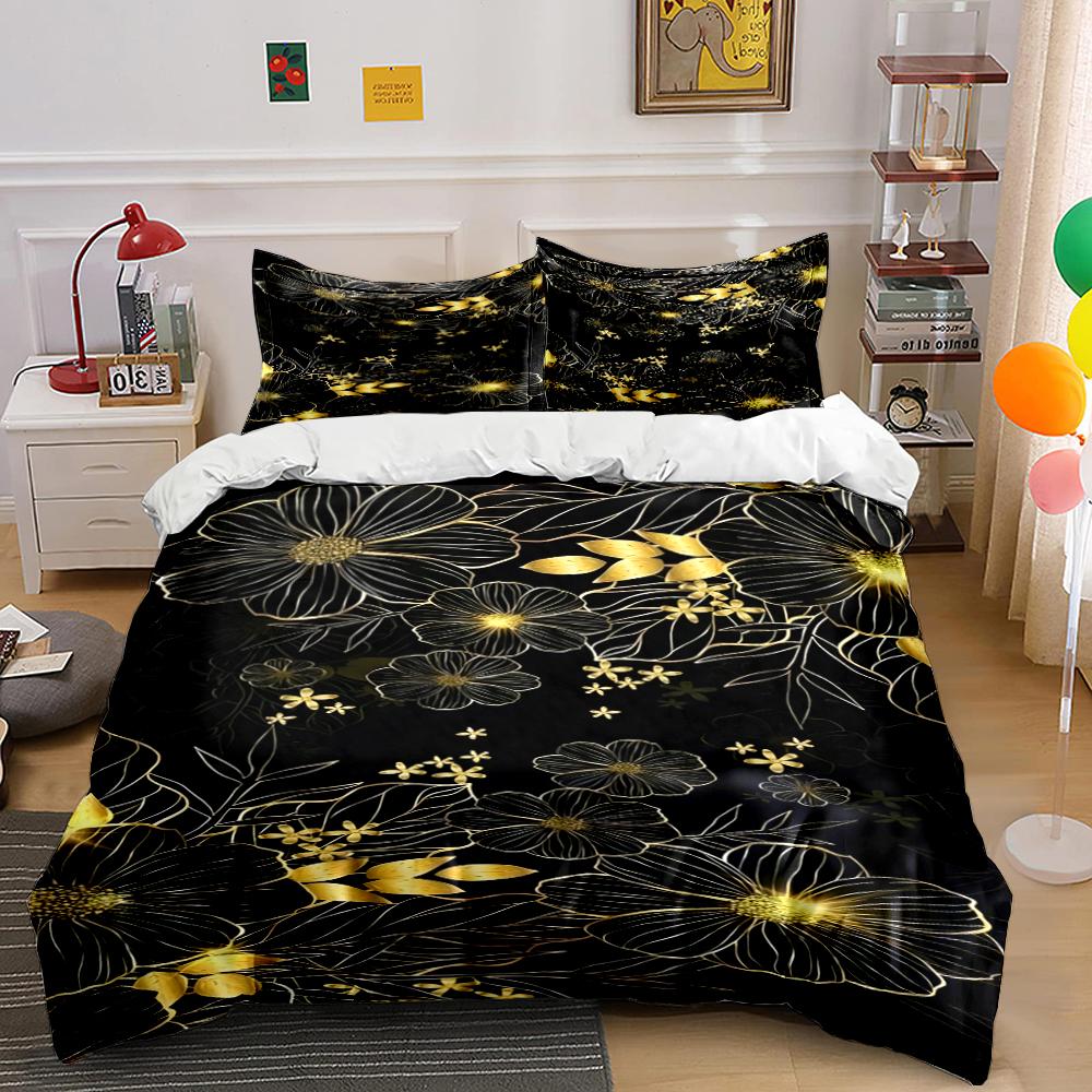 Golden Floral Pattern Bedding Set Bedding Set (1 Duvet Cover, 2 Pillowcases, Duvet Not Included)