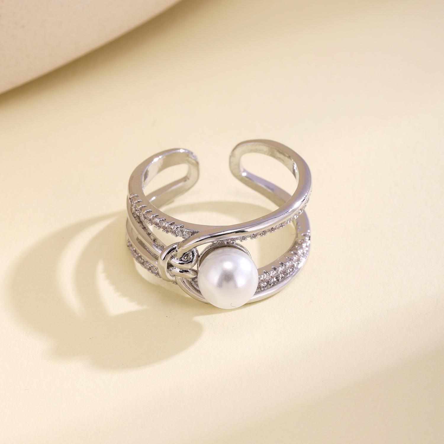 

Nidin Light Luxury Double Layer Pearl Open Ring For Women Cubic Zirconia Inlaid Adjustable Finger Jewelry Wedding Party Gifts resizable серебряный