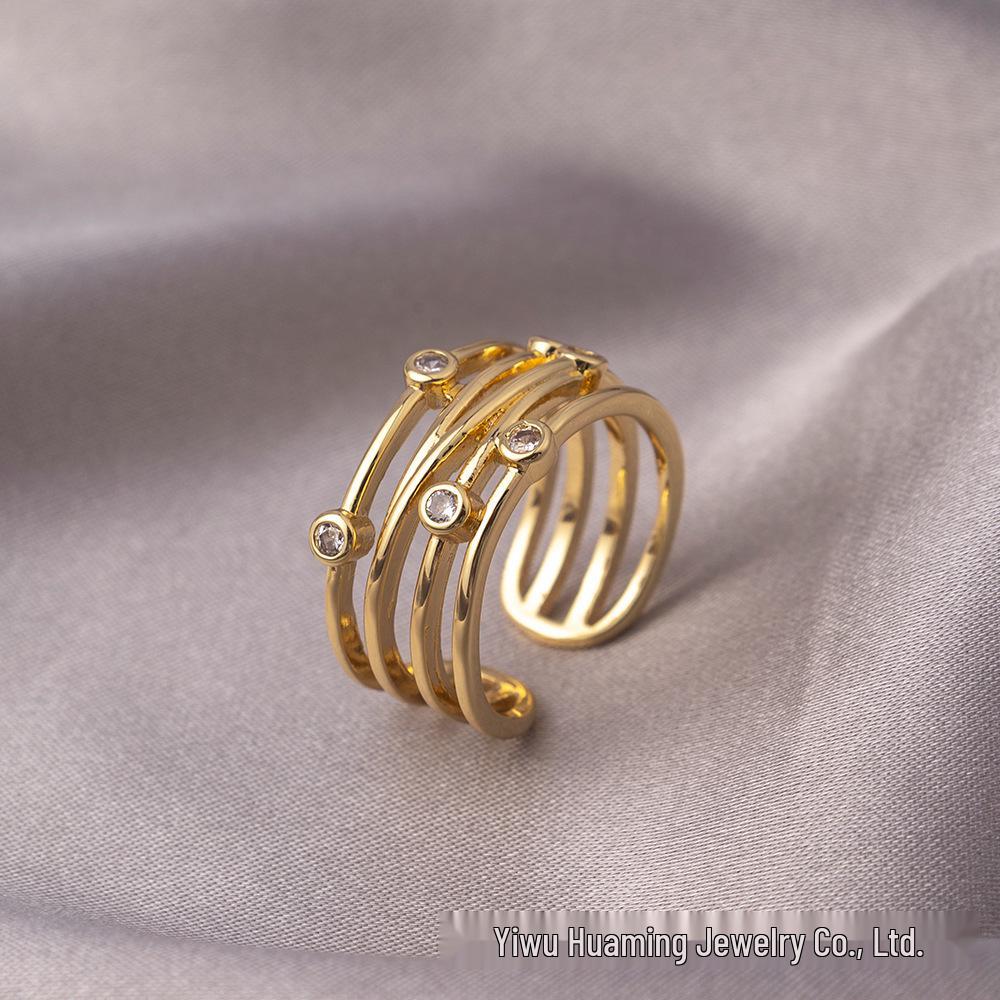 European-American Niche Zircon Ring: Real Gold, Trendy Star Design, Non-Fading, Celebrity-Style Jewelry