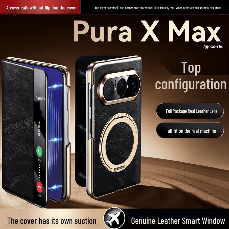 Funda Plegable para Teléfono Huawei Pura X Max de Cuero Genuino con Soporte Giratorio, Protección Magnética a Prueba de Caídas de Cobertura Total